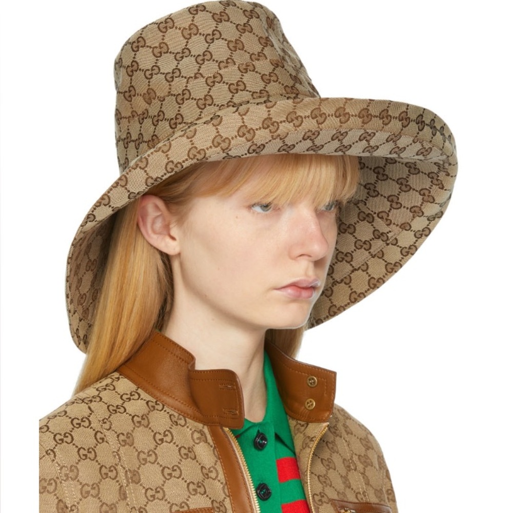 Beige Monogram Wide Brim Large Jacquard Canvas Bucket Hat Sun Coverage Beach New - Picture 9 of 16